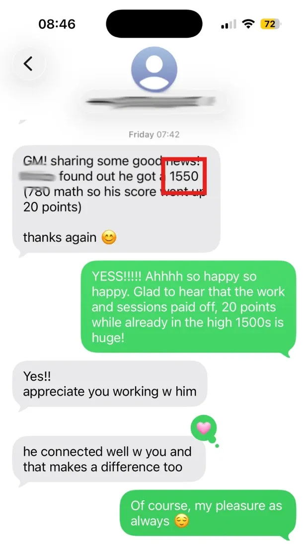A parent&rsquo;s text: he got a 1550, 780 in Math, up 20 points