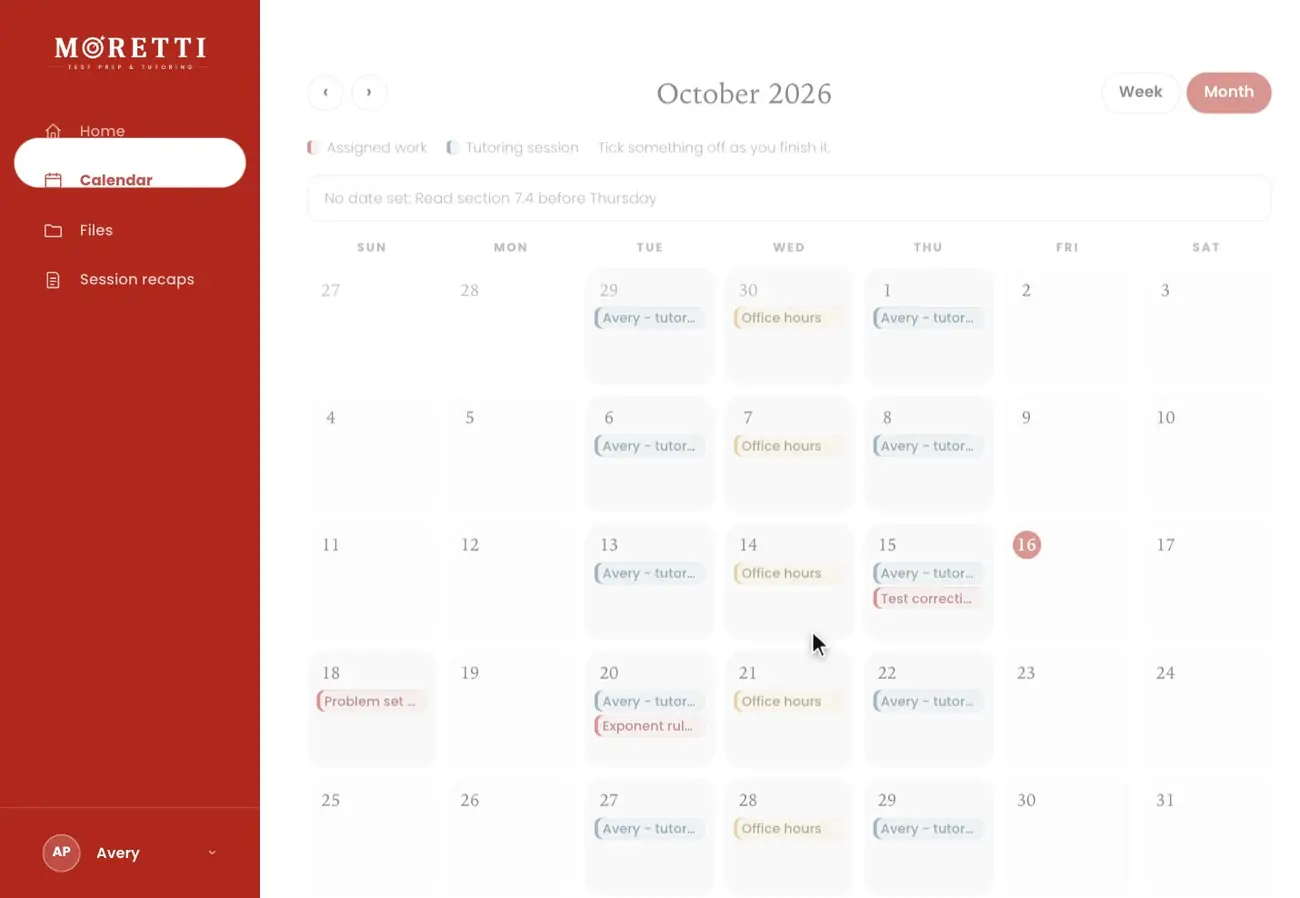 The portal calendar: sessions twice a week and homework on their due dates, switched from month to week view