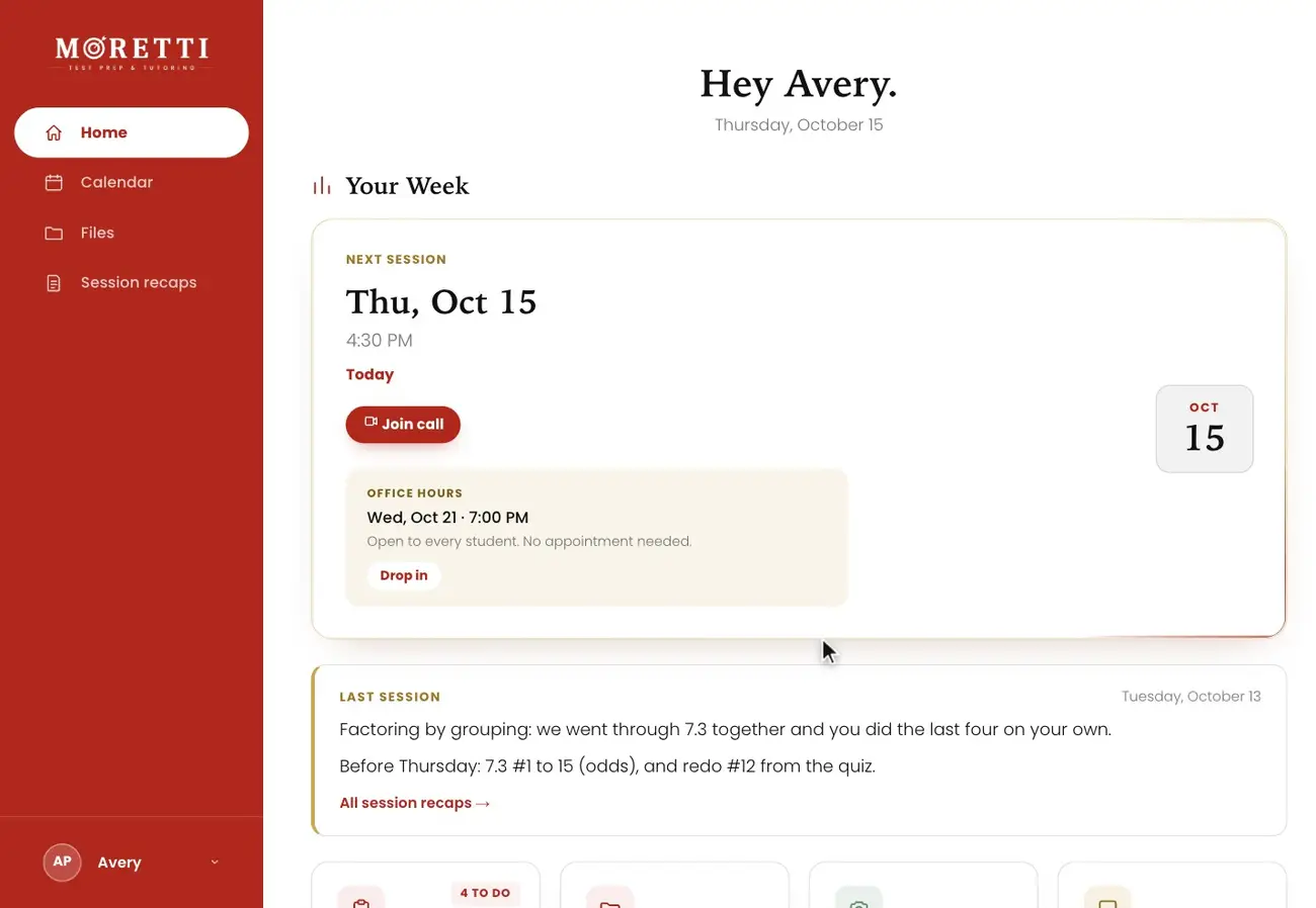 The student portal home for a math student: the next session, and this week's homework ticked off one item at a time