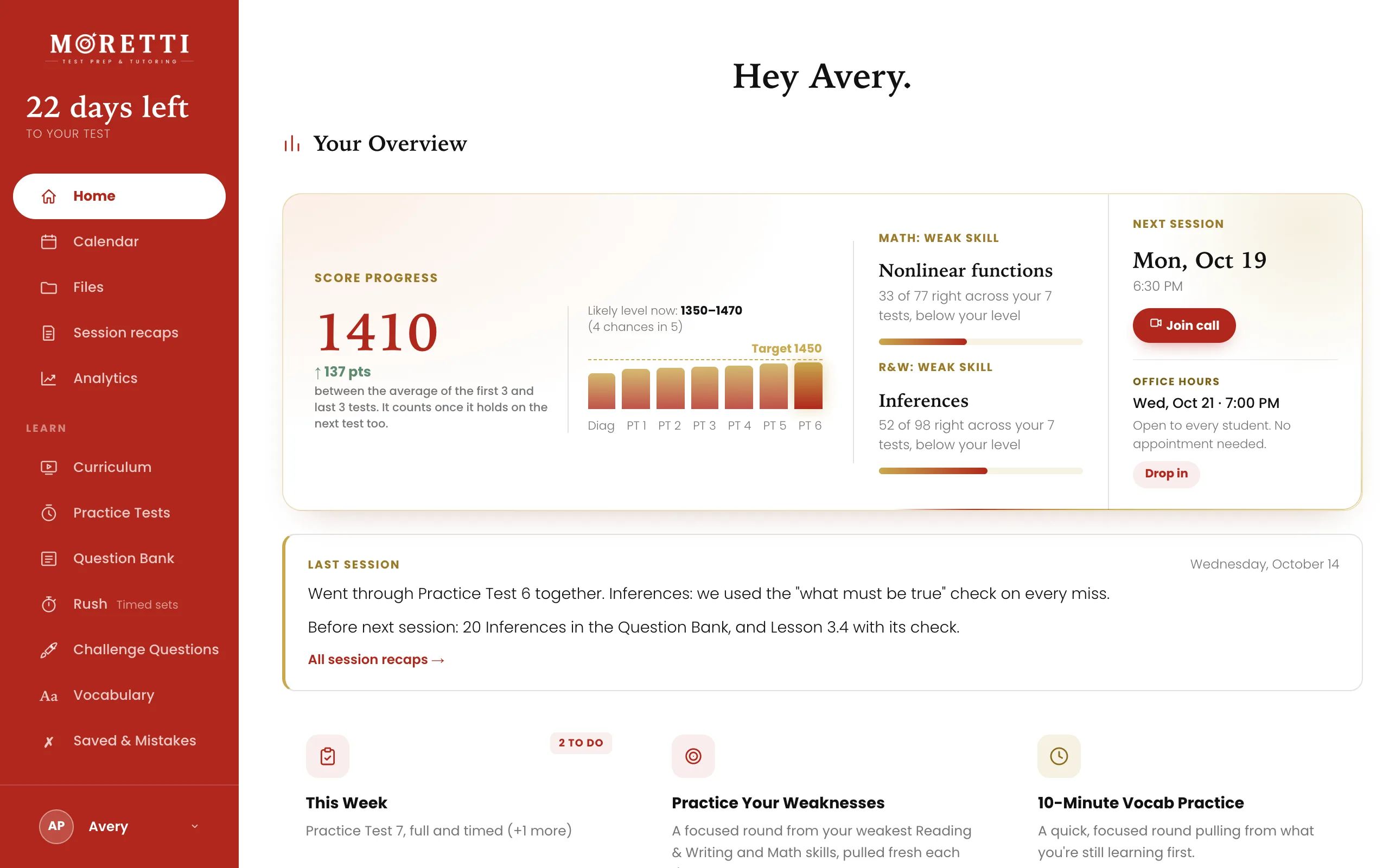 The student portal home: seven tests of score progress, the weakest skill in each section, the next session and the week's work