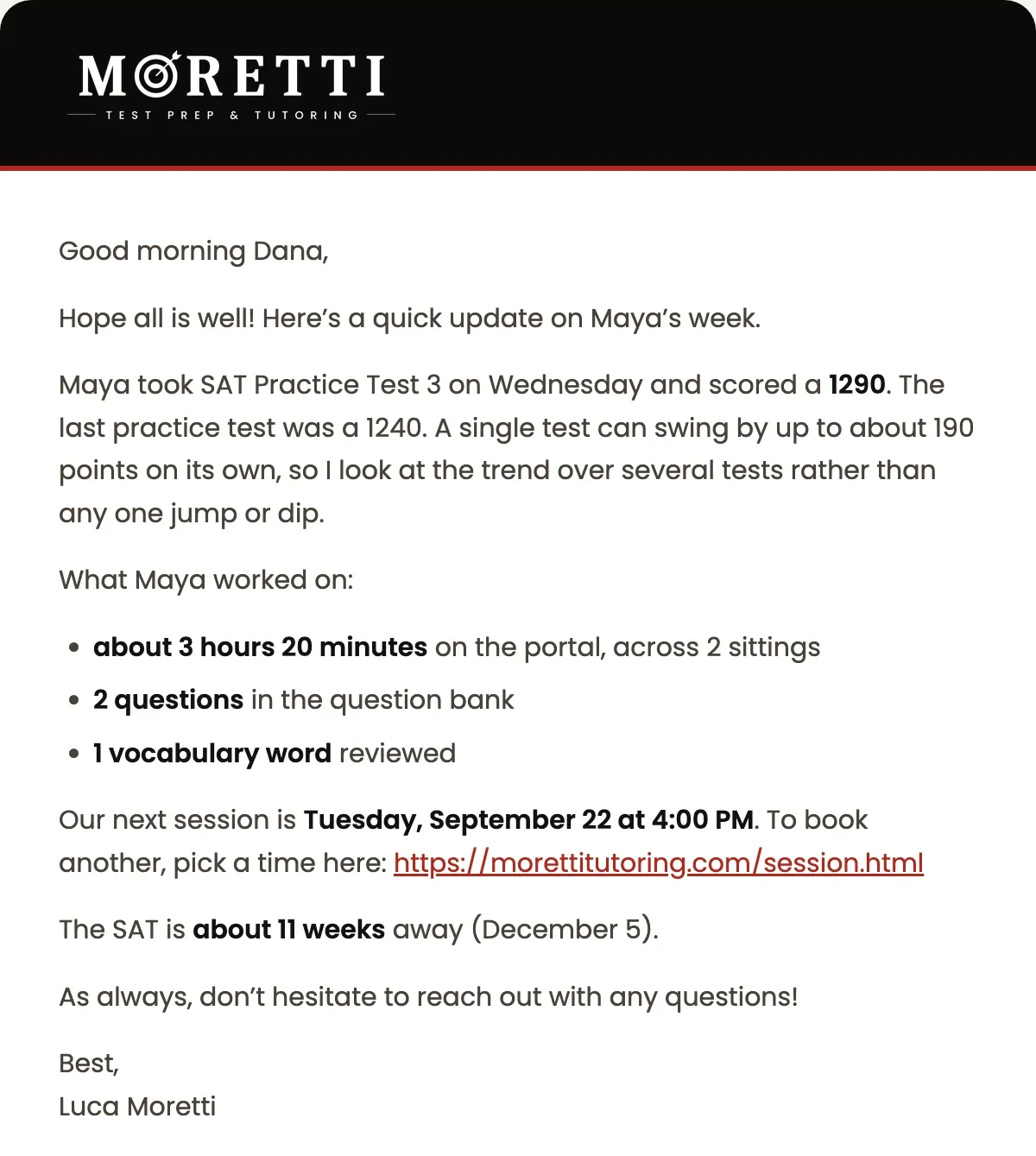 A weekly update email to a parent: the latest practice test score, what the student worked on, the next session and how far away the SAT is